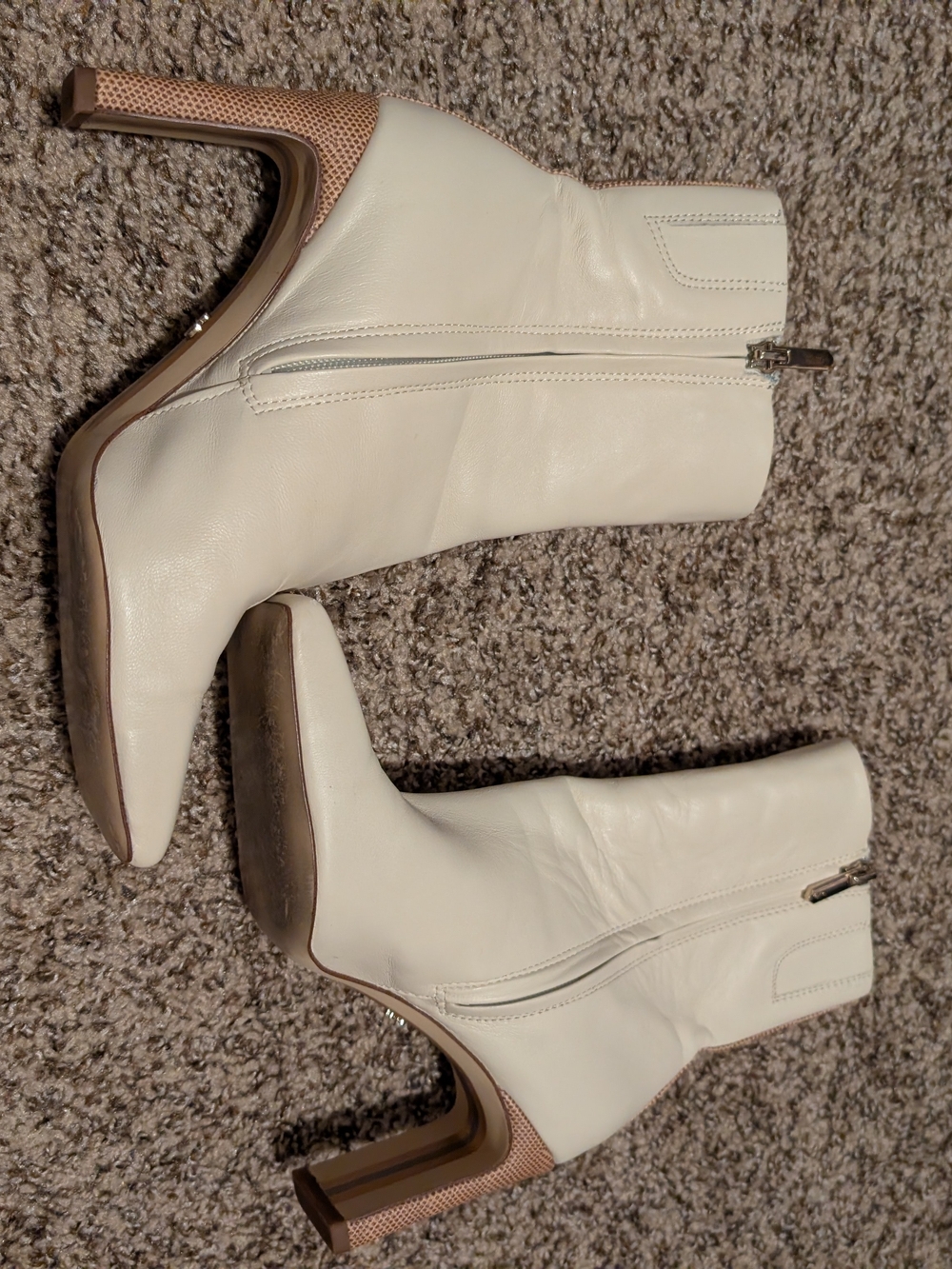 Sam Edelman Cream Leather Ankle Boots with Textured Heel